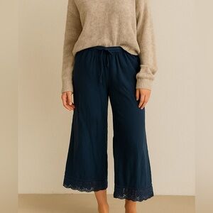 Linen Cotton Blend Navy Wide Leg Crop Pants Small Lace‎ Boho Flowy Lounge Hippie